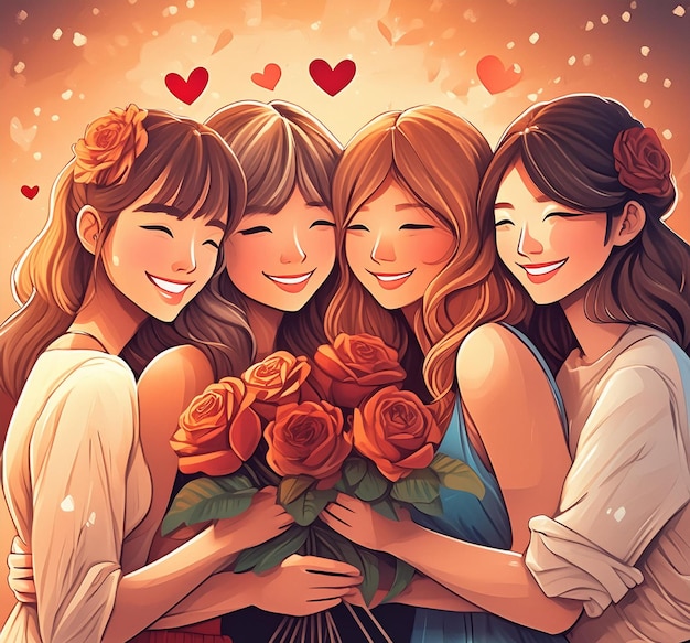 a poster for a girl hugging her friends with a bunch of roses