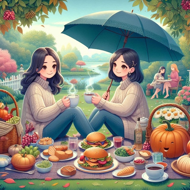 a poster for a girl with a blue umbrella and a basket of food