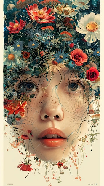 a poster for a girl with flowers on her face