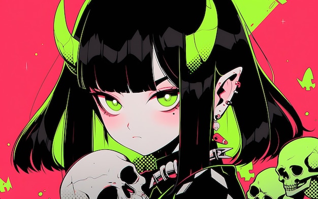 a poster of a girl with green eyes and a skull