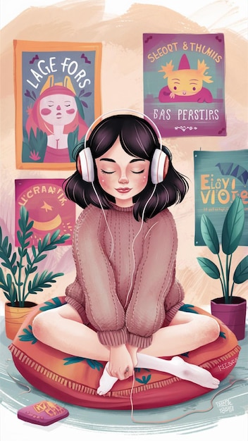 a poster for a girl with headphones and a book titled happy birthday