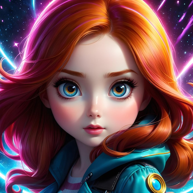 a poster for a girl with red hair and a blue jacket with a pinkish background