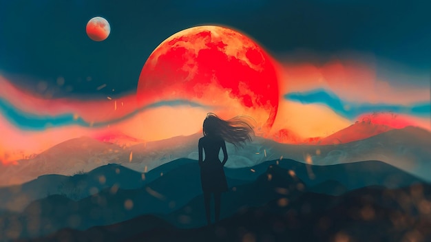 a poster for a girl with a red moon in the background