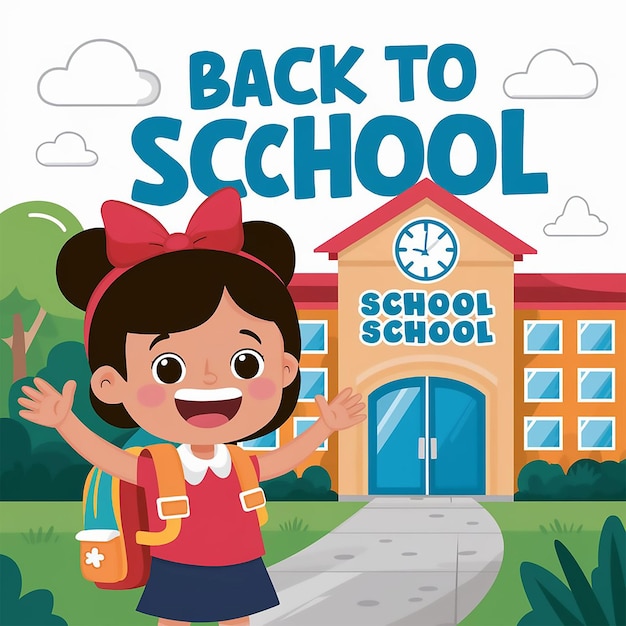 a poster of a girl with a school with the words back to school on it