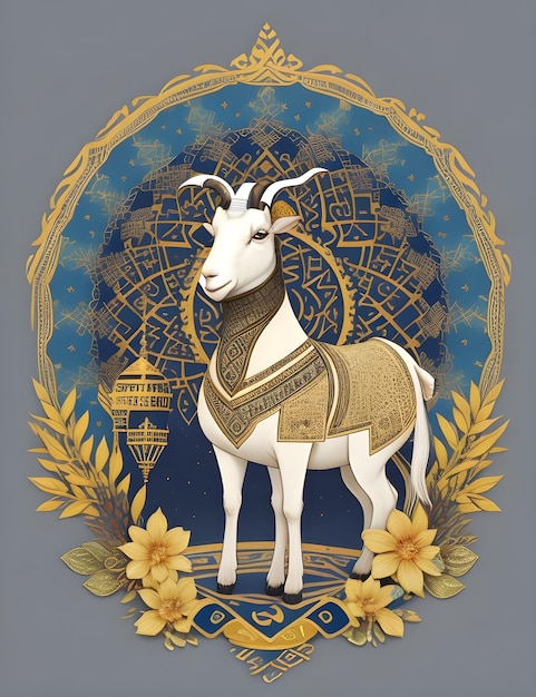 poster of a goat with a blue background with yellow flowers eid ul adha