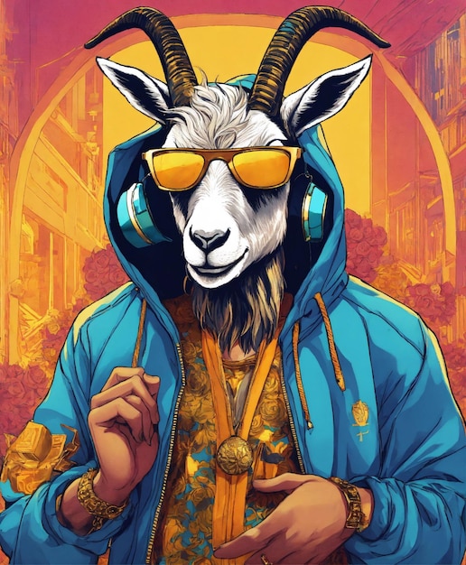 a poster of a goat with headphones and a blue jacket with the words the goat