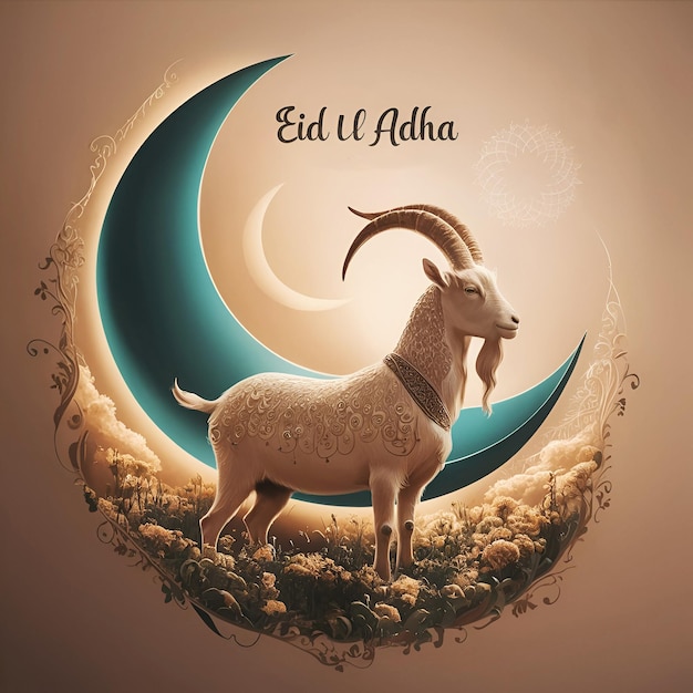 Poster of a goat with moon for Eid Al Adha Mubarak Concept