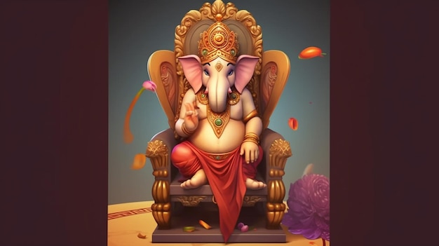 a poster of a god sitting on a chair with an elephant on it