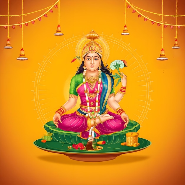 a poster of a god with a gold background with a woman in pink pants and a green shirt