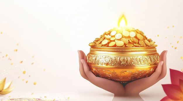 Photo poster for goddess maa lakshmi and pot full of golden coins for festival dhanteras and diwali