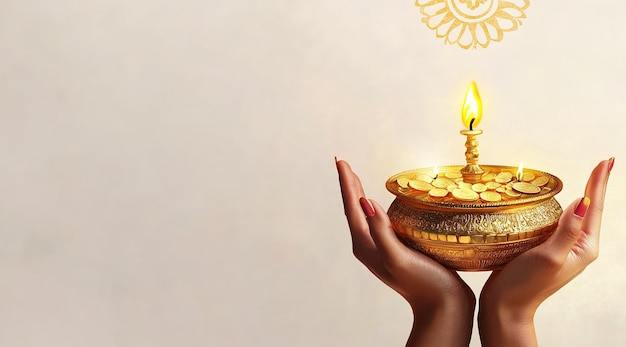 Photo poster for goddess maa lakshmi and pot full of golden coins for festival dhanteras and diwali