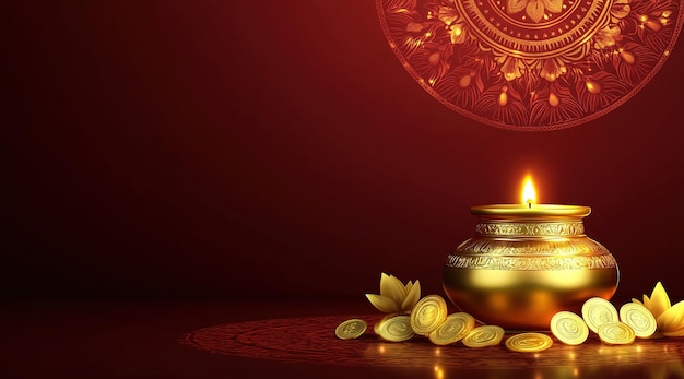 Photo poster for goddess maa lakshmi and pot full of golden coins for festival dhanteras and diwali