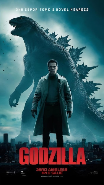 A poster for godzilla shows a man in a trench coat and a giant monster