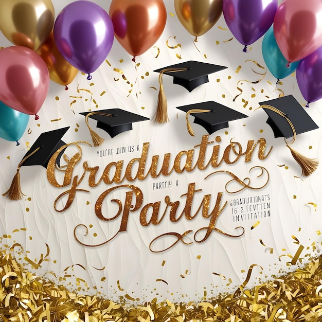 a poster for graduation party with balloons and confetti on the top