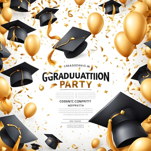 a poster for a graduation party with a black and gold cap on it