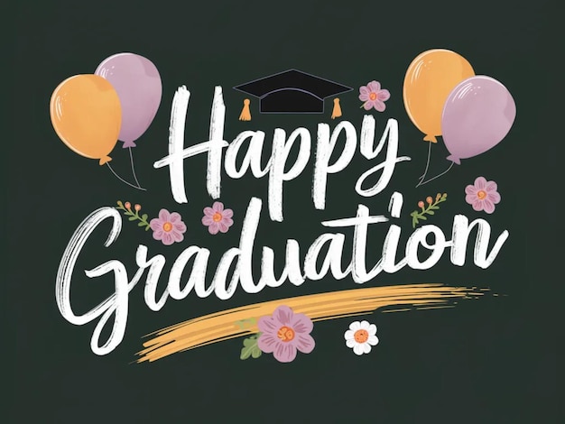 a poster for graduation with balloons and a graduation cap