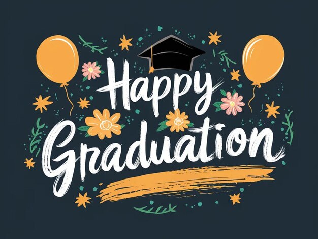 a poster for graduation with balloons and a graduation cap