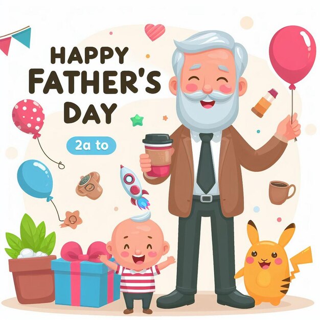 a poster of grandfather and his son with balloons and a gift box with the words happy fathers day on it