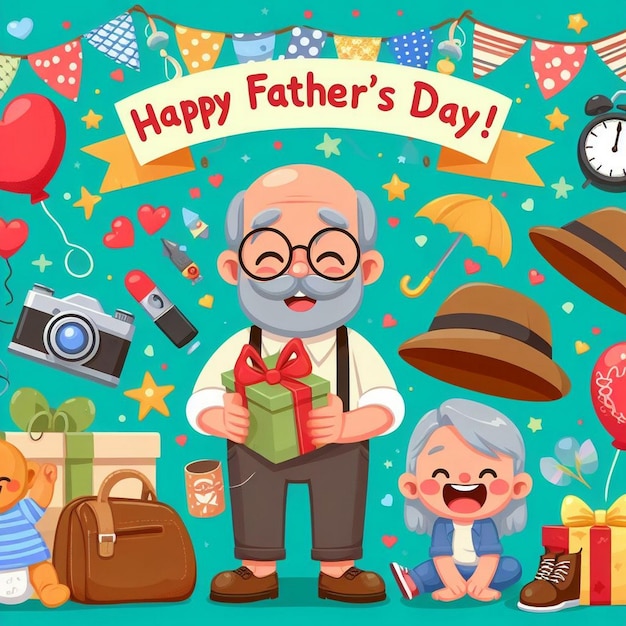 a poster of a grandfather holding a gift box with a picture of a father and his family