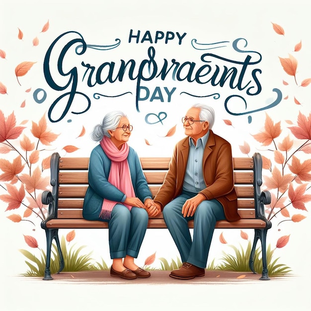 a poster for grandparents days day is displayed on a park bench