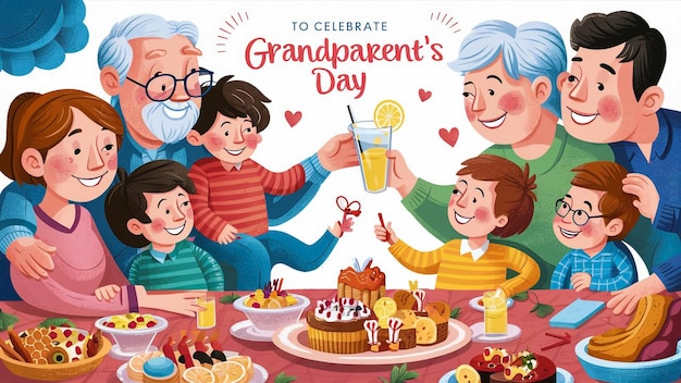 a poster of grandparents and grandparents with a birthday cake and a birthday cake