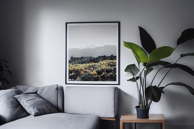 A poster above a gray sofa with a coffee table and plants next to it in a simple living room interior 3d rendering