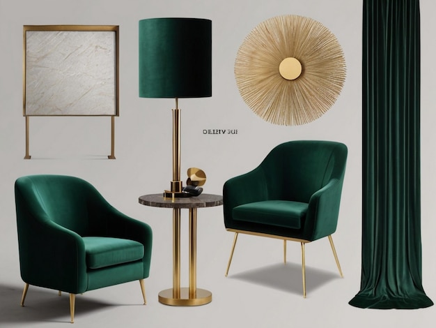 Photo a poster of a green chair and a lamp with a gold base