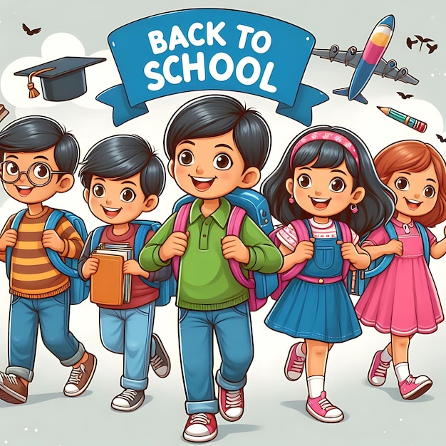 a poster of a group of children with backpacks and a sign that says back to school