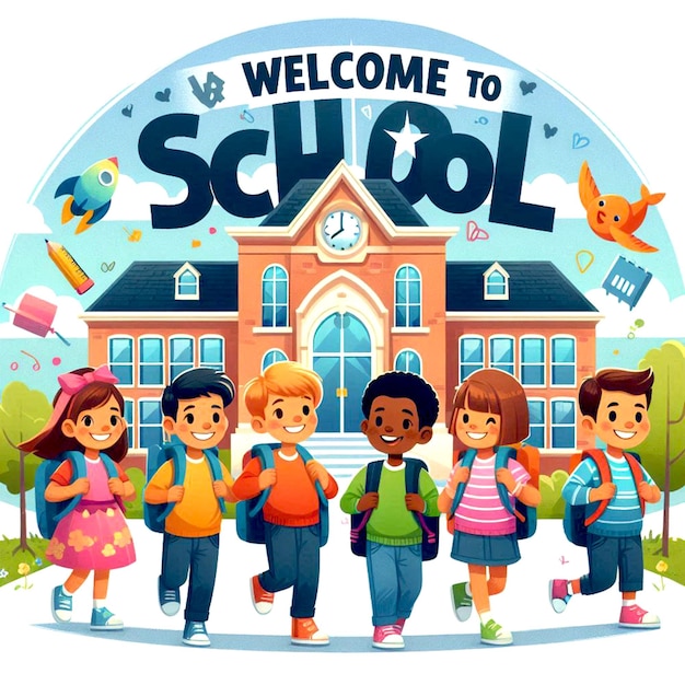 A poster of a group of children with a school sign that says back to school