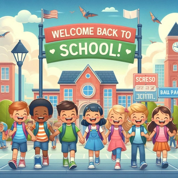 a poster of a group of children with a sign that says welcome back to school