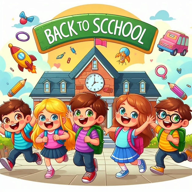 a poster of a group of children with the words back to school on it