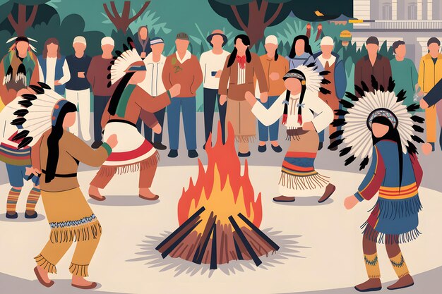 a poster of a group of people around a fire with a picture of a woman wearing a native costume