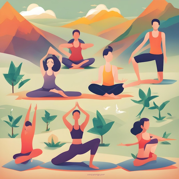 a poster of a group of people doing yoga in the desert