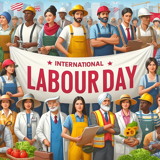 a poster of a group of people holding a banner that says international labour day