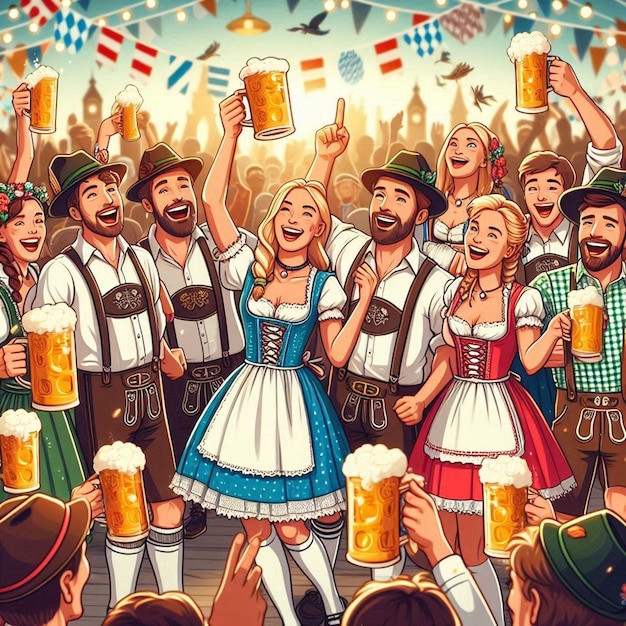 a poster of a group of people holding beer mugs