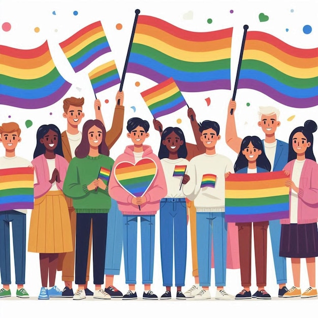 Photo a poster of a group of people holding flags with the word rainbow on it