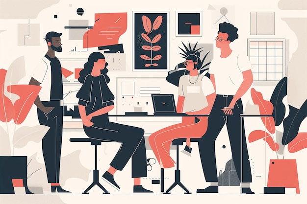 a poster of a group of people in a room with a man sitting at a desk and a woman sitting in front of a laptop