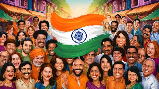 a poster of a group of people with the flag in the background