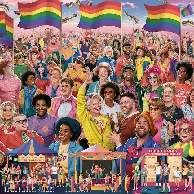 a poster of a group of people with rainbow flags on it