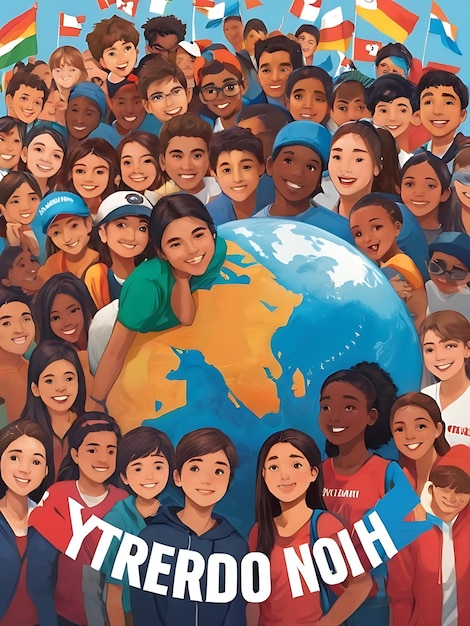 a poster of a group of people with a world map on it