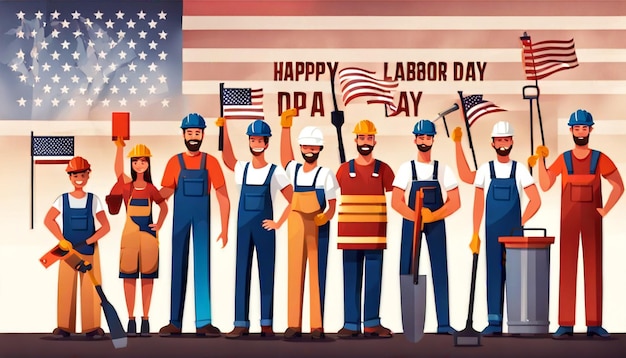 Photo a poster of a group of workers holding flags with the words happy day on it