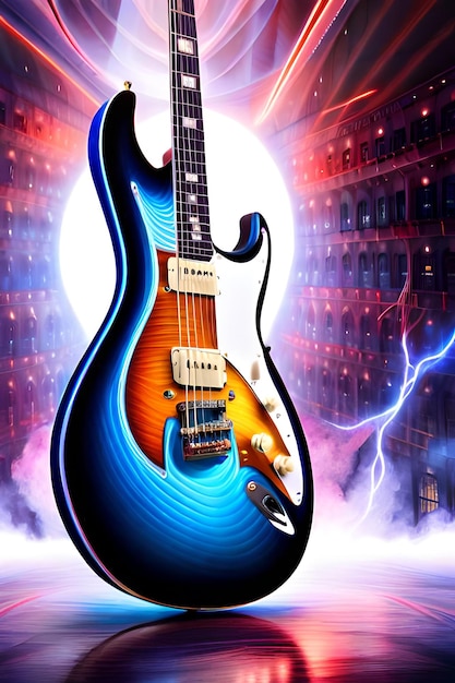 A poster of a guitar with a blue and yellow guitar on it.