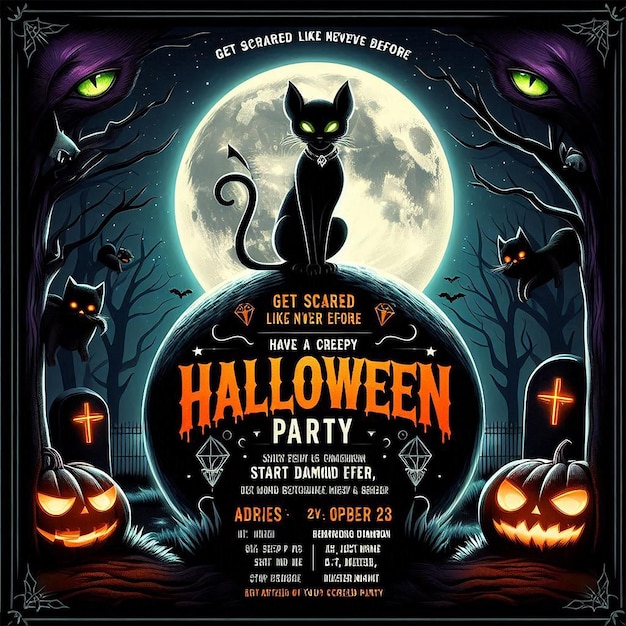 Photo a poster for halloween party with a black cat on the top