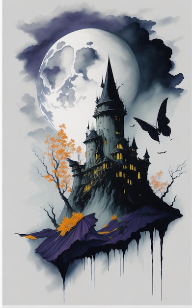 A poster for a halloween party with a castle and bats on the ground.