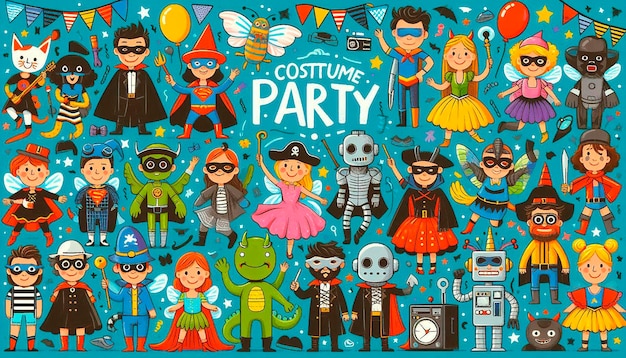 Photo a poster of a halloween party with characters from halloween