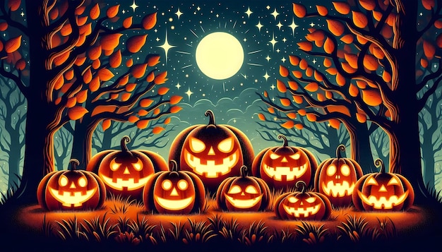 a poster for a halloween party with pumpkins and trees