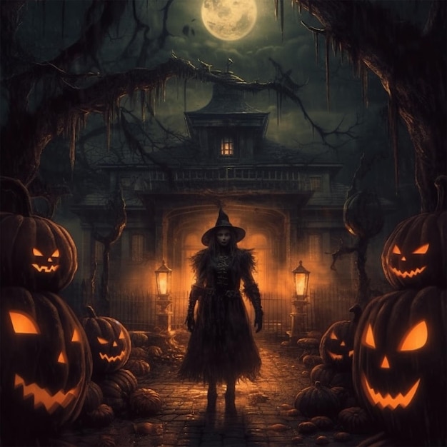 A poster for a Halloween scene with a woman standing in front of a building with pumpkins