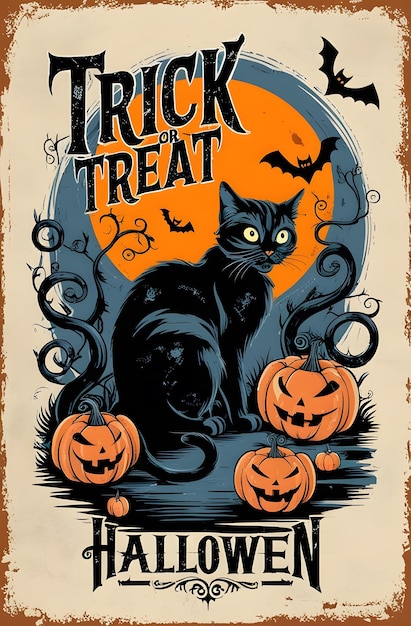 Photo a poster for halloween treat with a black cat on it