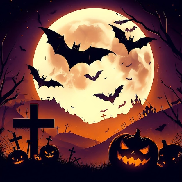 a poster for a halloween with bats and a cross on it