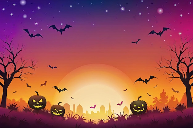 a poster for halloween with bats and the sun in the background